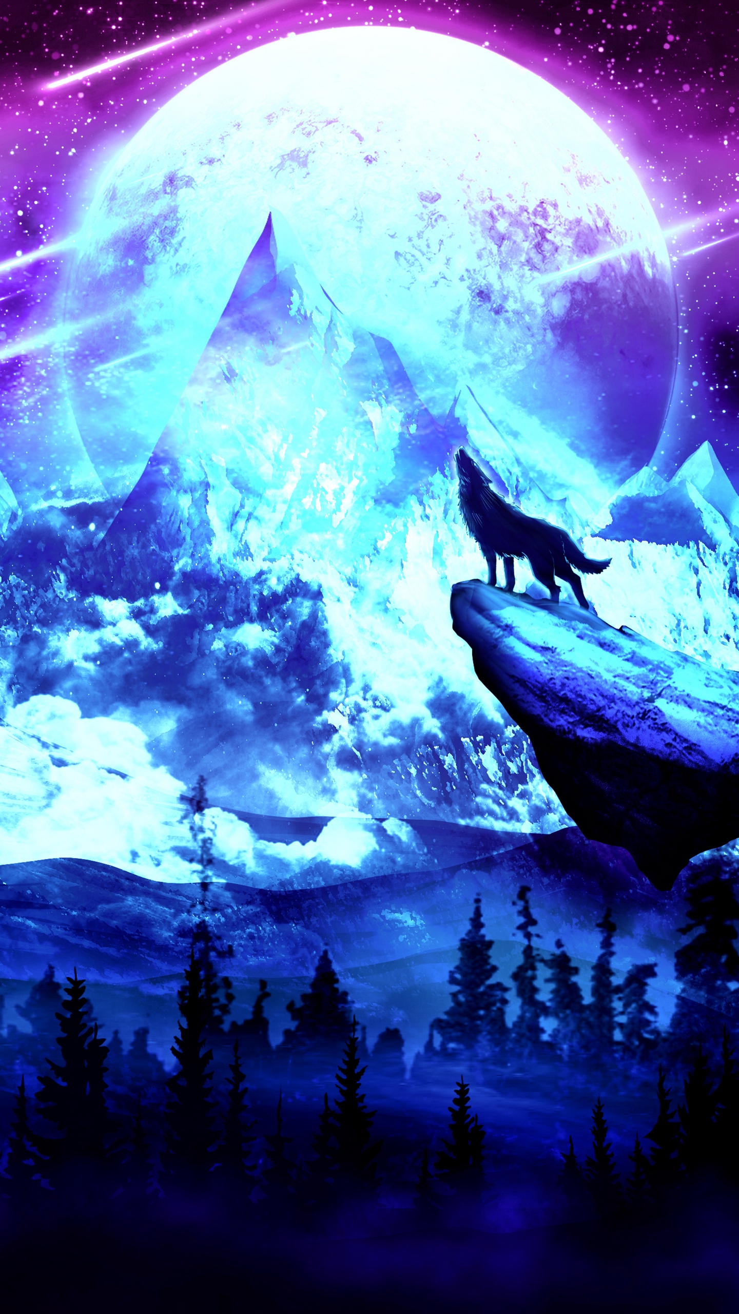  Download wallpaper 1440x2560 wolf, moon, night, mountains, art qhd samsung 
